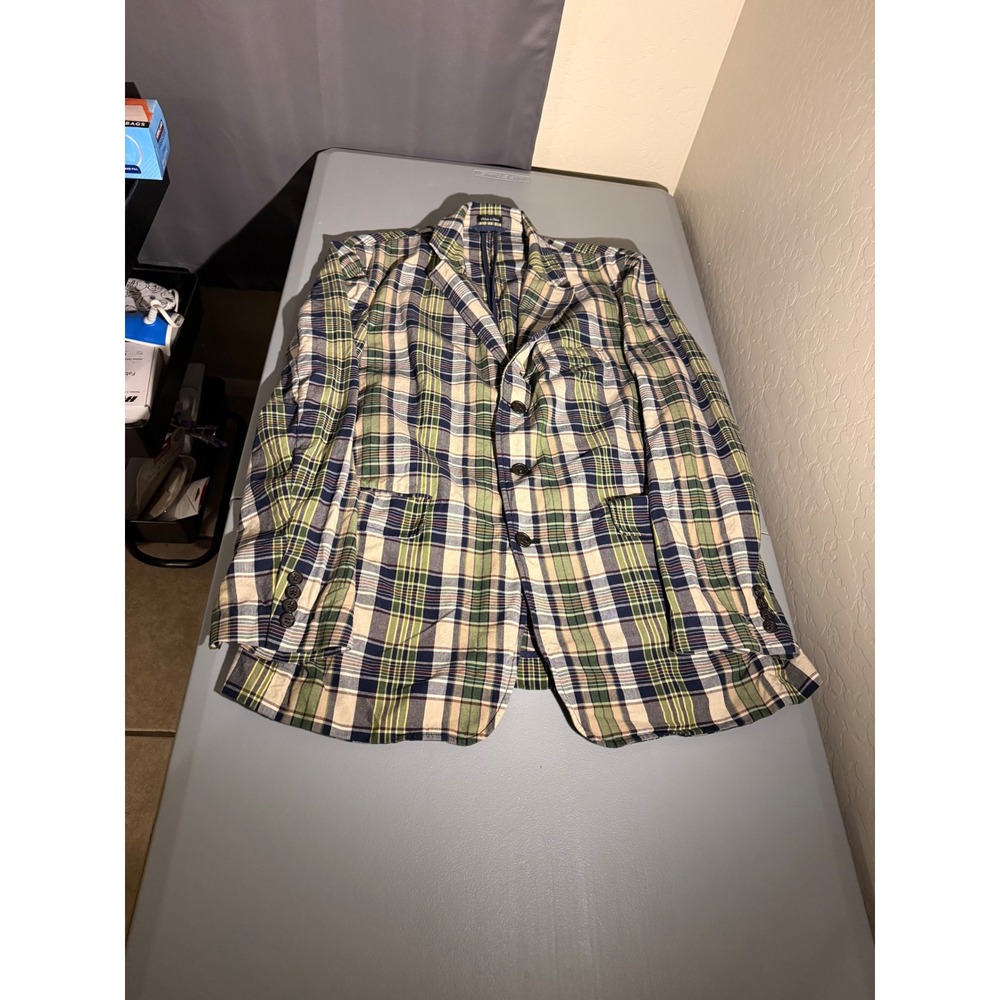 J.Crew Mens Madras Plaid Blazer Green Navy Cream Cotton Sport Coat Large